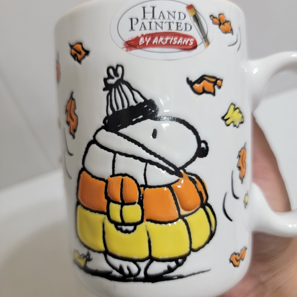 Peanuts 2025 Snoopy Candy Corn Puffer Jacket Fall Leaves Hand Painted Mug 16oz - Picture 6 of 7